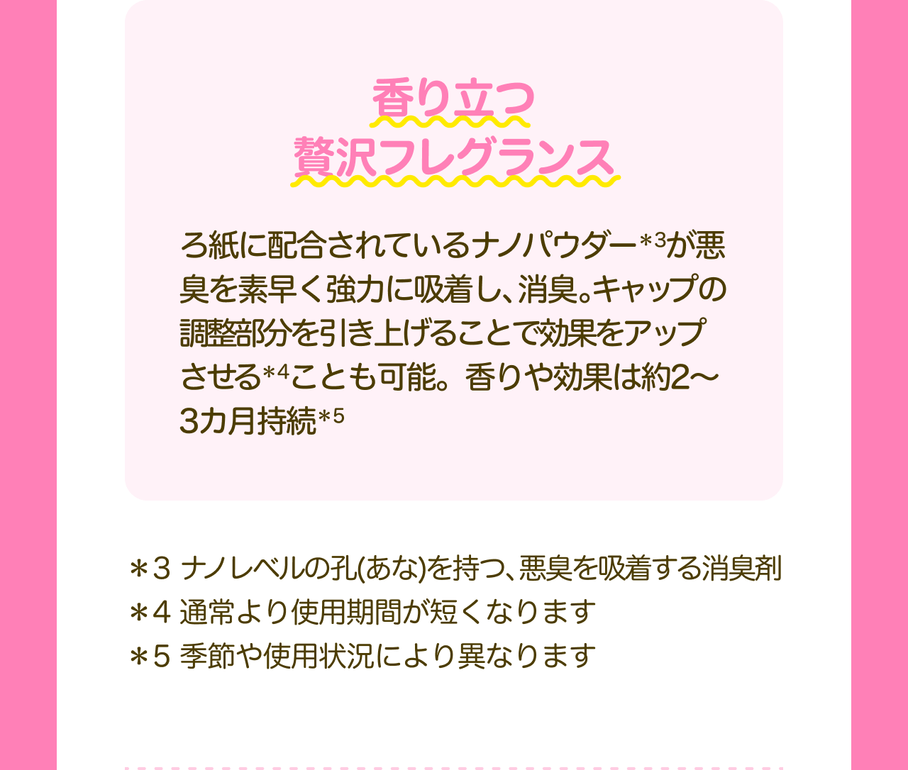 香り立つ贅沢フレグランス ろ紙に配合されているナノパウダー*3が悪臭を素早く強力に吸着し、消臭。キャップの調整部分を引き上げることで効果をアップさせる*4ことも可能。香りや効果は約2～3カ月持続*5 *3 ナノレベルの孔(あな)を持つ、悪臭を吸着する消臭剤 *4 通常より使用期間が短くなります *5 季節や使用状況により異なります