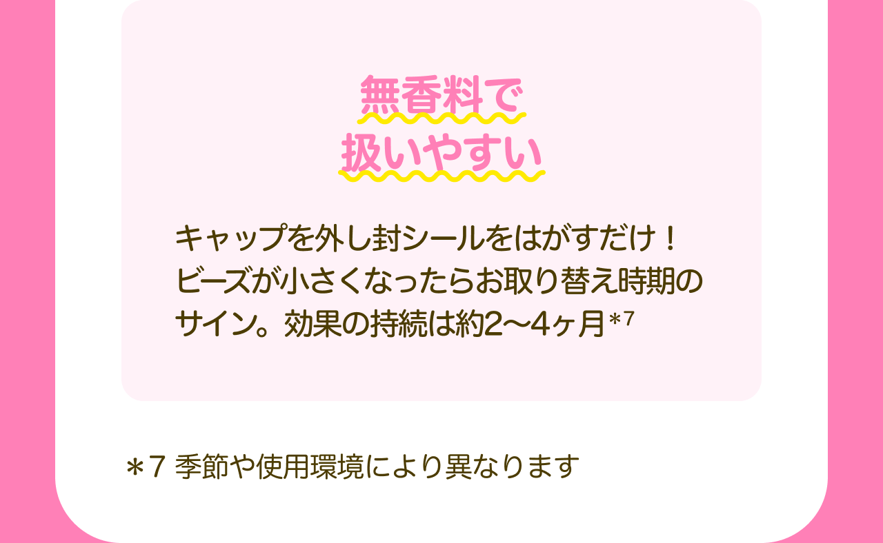 無香料で扱いやすい キャップを外し封シールをはがすだけ！ビーズが小さくなったらお取り替え時期のサイン。効果の持続は約2～4ヶ月*7 *7 季節や使用環境により異なります