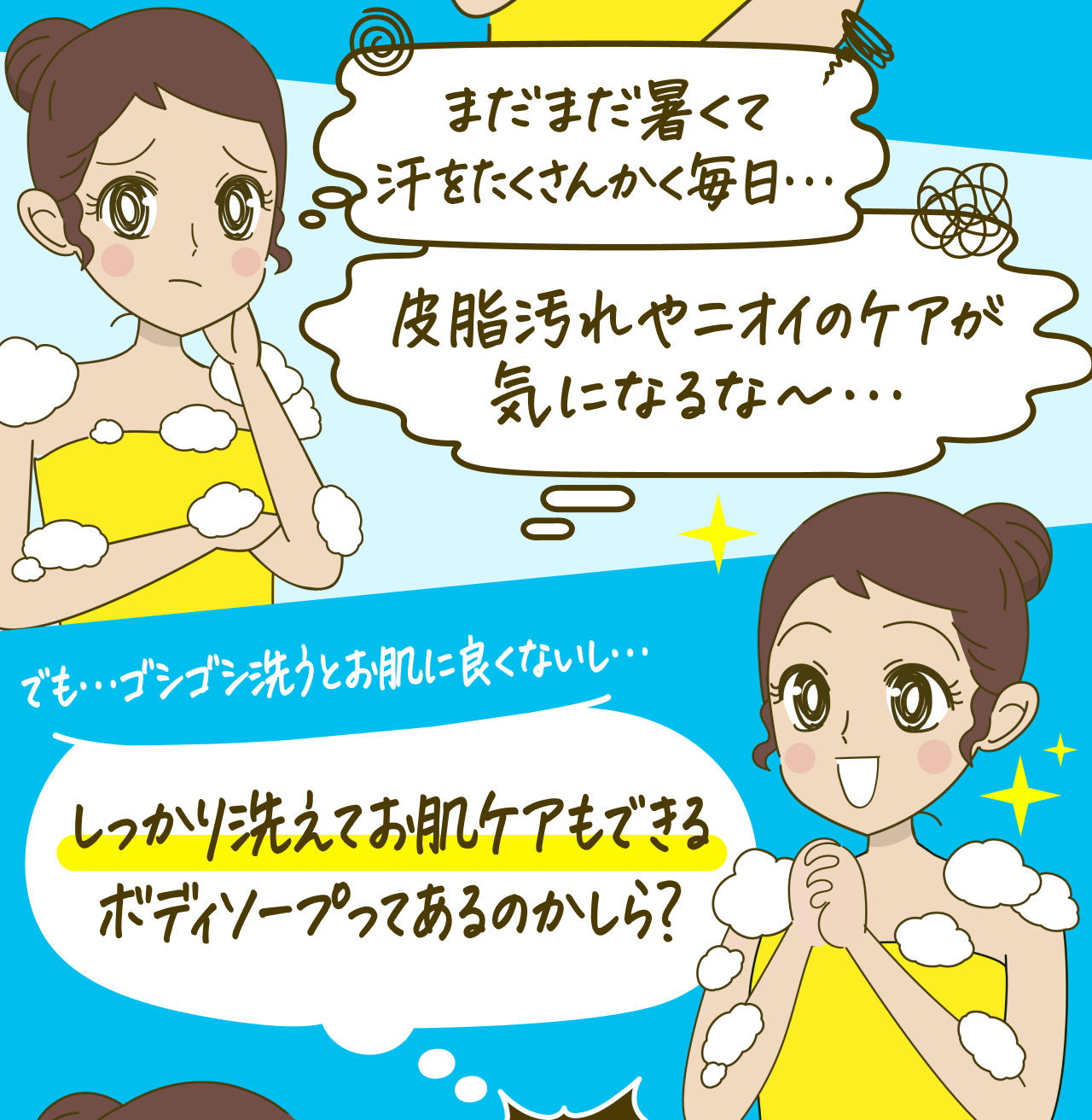 まだまだ暑くて汗をたくさんかく毎日…皮脂汚れやニオイのケアが気になるな～…でも…ゴシゴシ洗うとお肌に良くないし…しっかり洗えてお肌ケアもできるボディソープってあるのかしら？