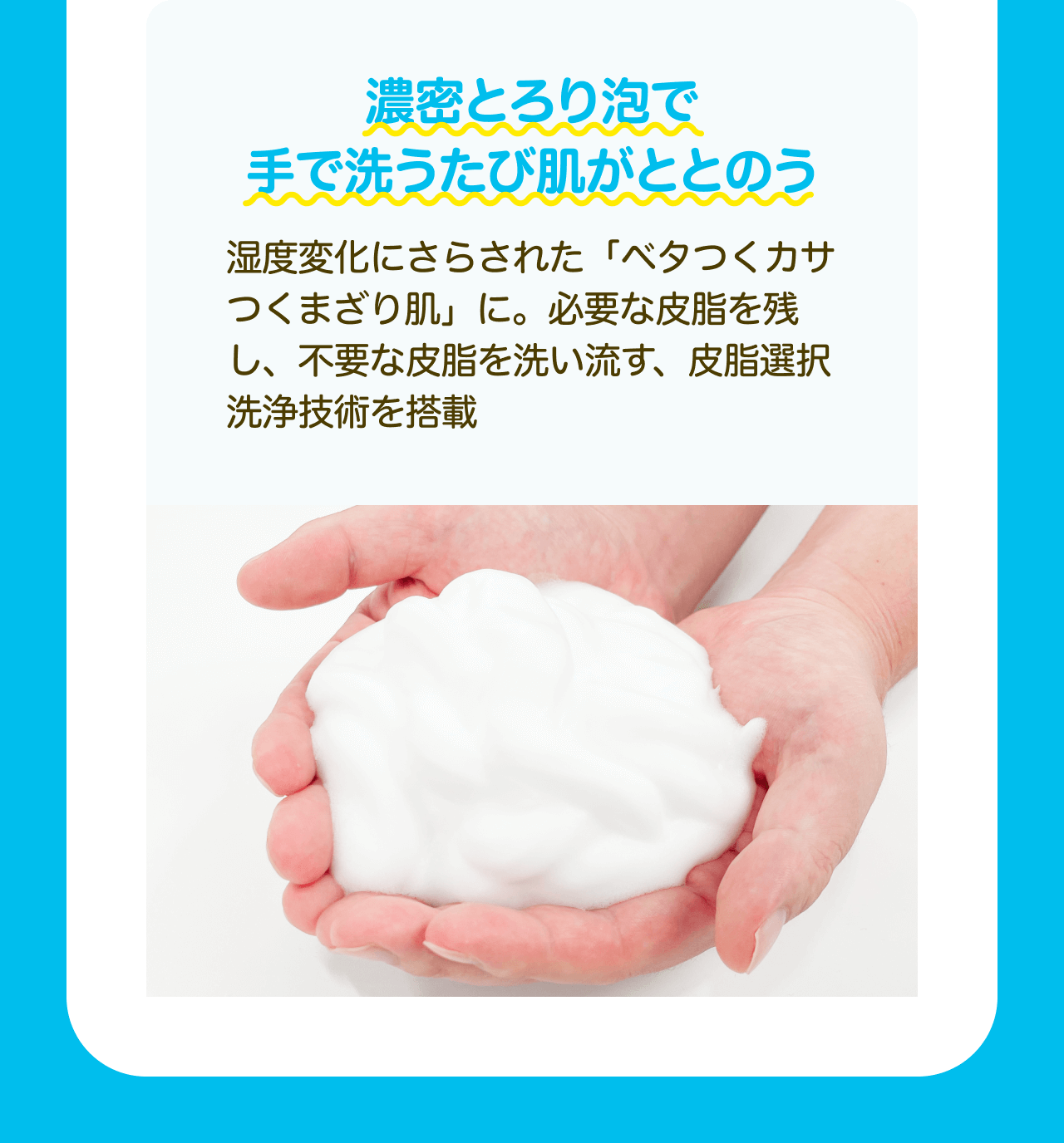 濃密とろり泡で手で洗うたび肌がととのう 湿度変化にさらされた「ベタつくカサつくまざり肌」に。必要な皮脂を残し、不要な皮脂を洗い流す、皮脂選択洗浄技術を搭載