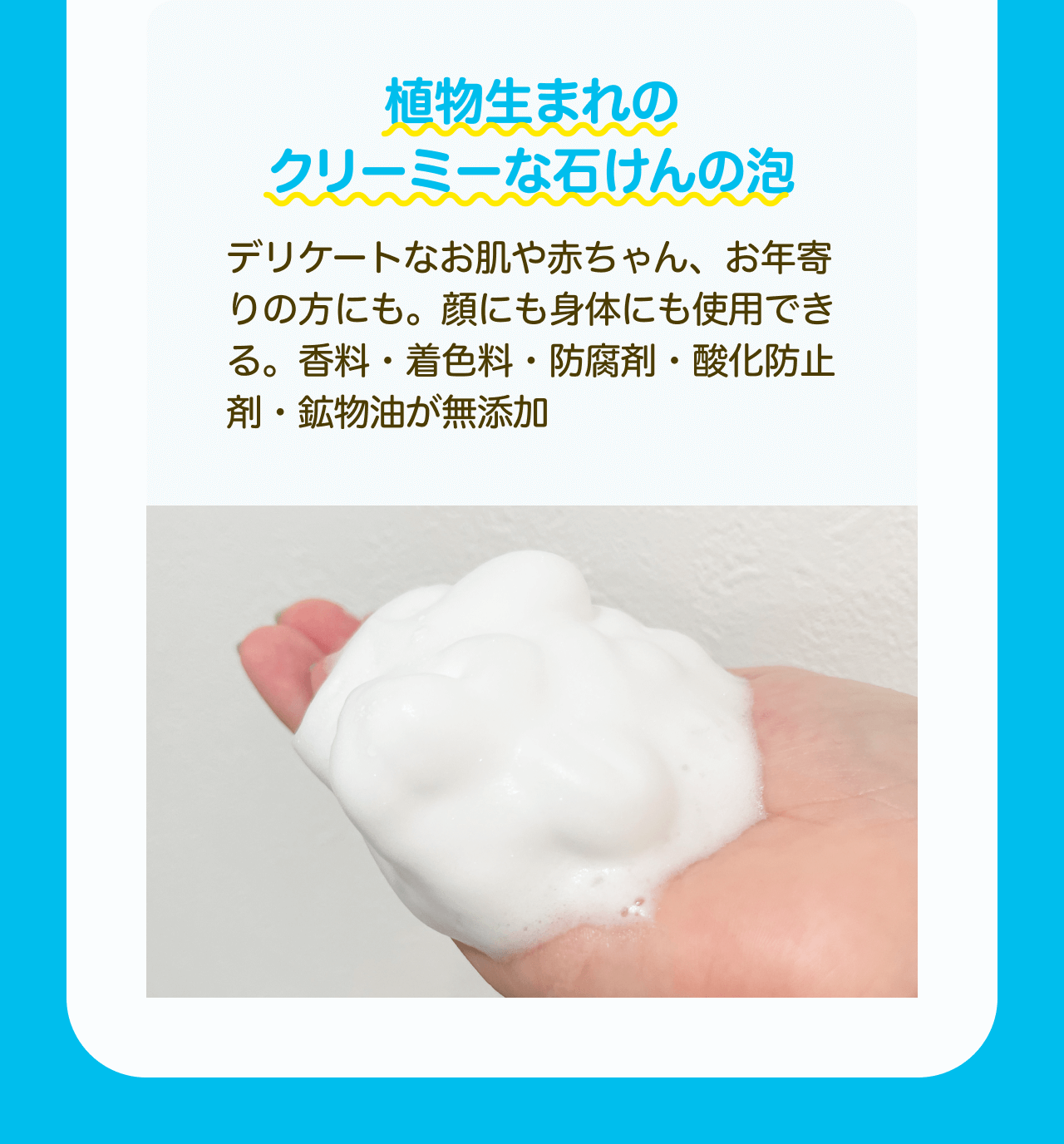 植物生まれのクリーミーな石けんの泡 デリケートなお肌や赤ちゃん、お年寄りの方にも。顔にも身体にも使用できる。香料・着色料・防腐剤・酸化防止剤・鉱物油が無添加