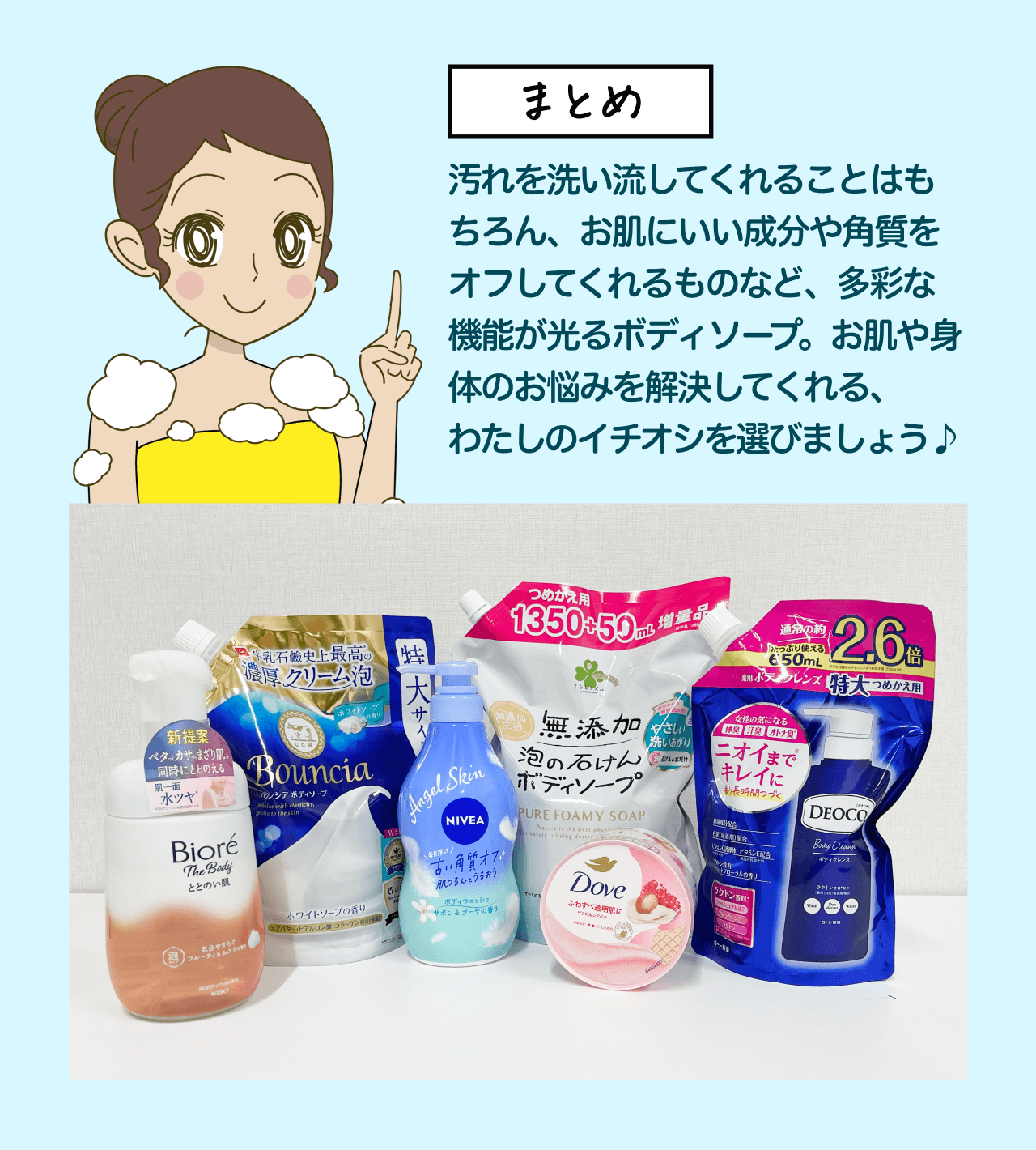 まとめ 汚れを洗い流してくれることはもちろん、お肌にいい成分や角質をオフしてくれるものなど、多彩な機能が光るボディソープ。お肌や身体のお悩みを解決してくれる、わたしのイチオシを選びましょう♪