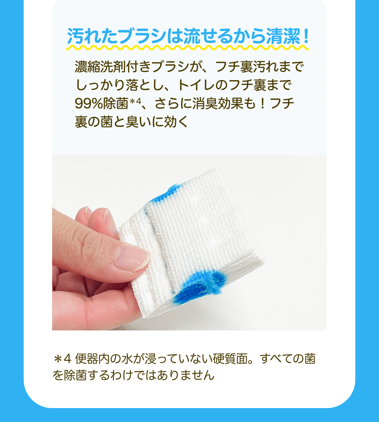 汚れたブラシは流せるから清潔！濃縮洗剤付きブラシが、フチ裏汚れまでしっかり落とし、トイレのフチ裏まで99%除菌*4、さらに消臭効果も！フチ裏の菌と臭いに効く *4 便器内の水が浸っていない硬質面。すべての菌を除菌するわけではありません