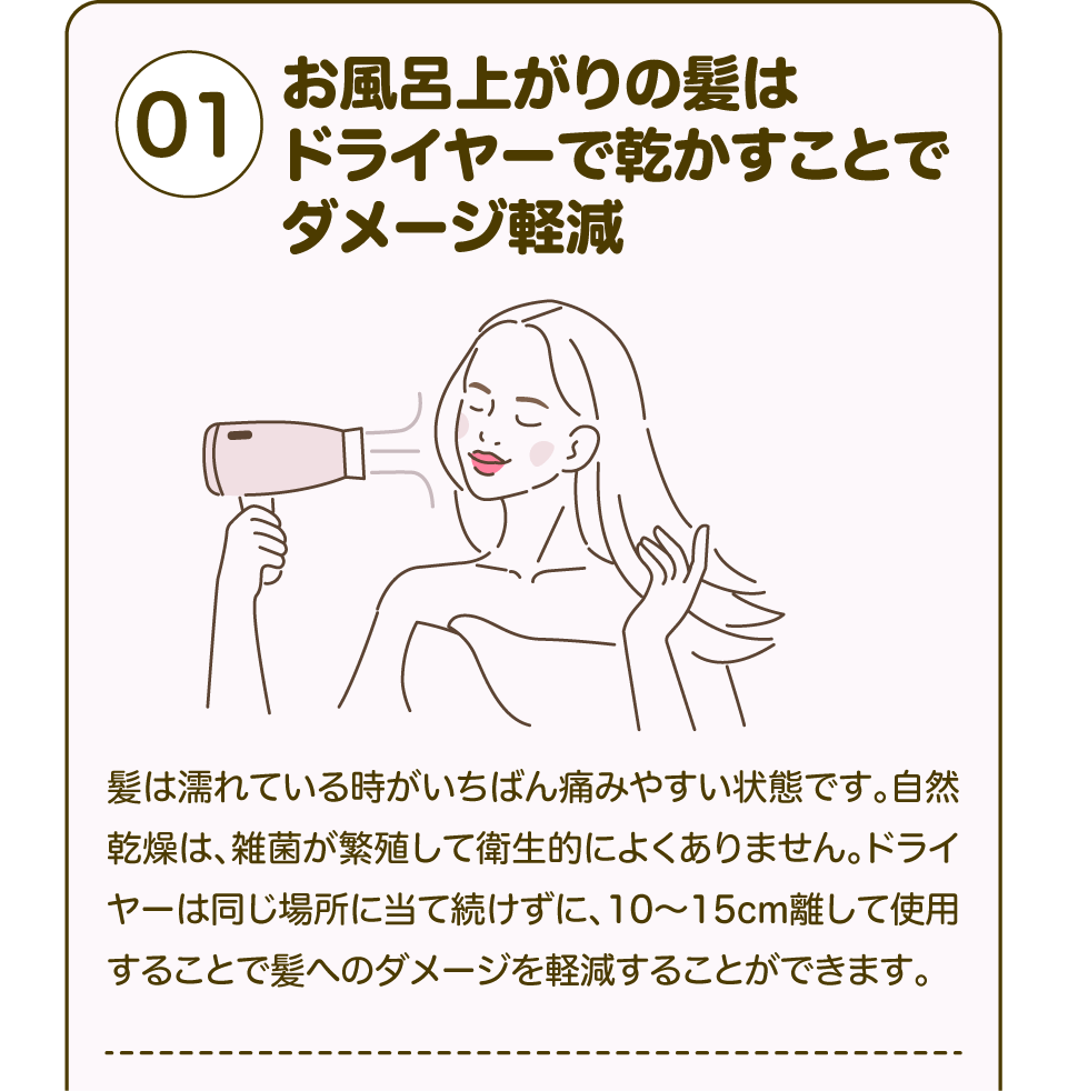 【①お風呂上がりの髪はドライヤーで乾かすことでダメージ軽減】髪は濡れている時がいちばん痛みやすい状態です。自然乾燥は、雑菌が繁殖して衛生的によくありません。ドライヤーは同じ場所に当て続けずに、10〜15cm離して使用することで髪へのダメージを軽減することができます。