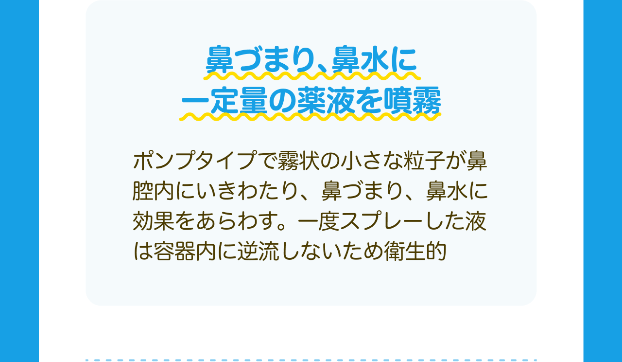 鼻づまり、鼻水に一定量の薬液を噴霧 ポンプタイプで霧状の小さな粒子が鼻腔内にいきわたり、鼻づまり、鼻水に効果をあらわす。一度スプレーした液は容器内に逆流しないため衛生的