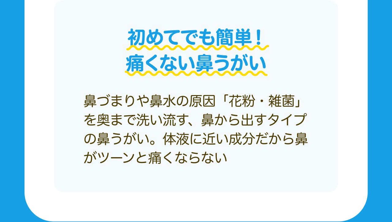 初めてでも簡単! 痛くない鼻うがい 鼻づまりや鼻水の原因「花粉・雑菌」を奥まで洗い流す、鼻から出すタイプの鼻うがい。体液に近い成分だから鼻がツーンと痛くならない
