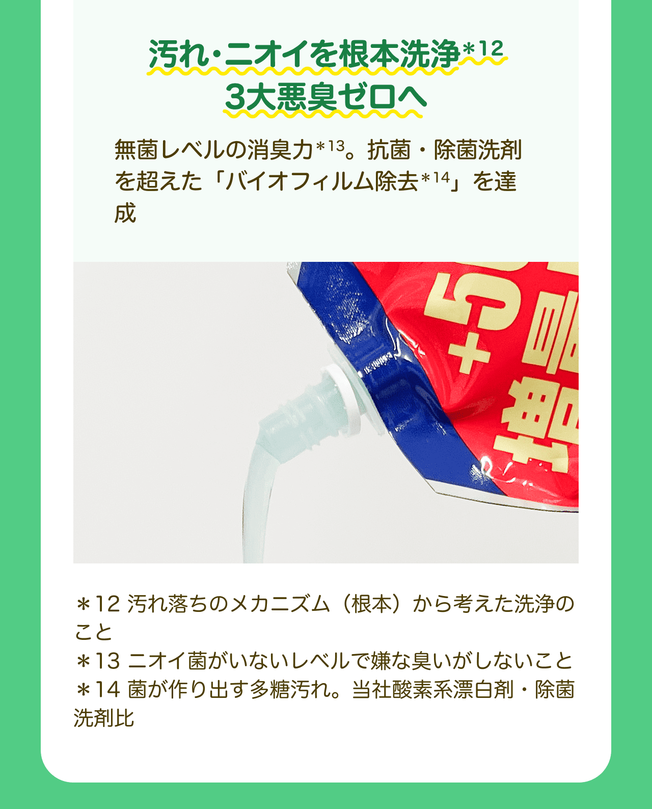 汚れ・ニオイを根本洗浄*12 3大悪臭ゼロへ 無菌レベルの消臭力*13。抗菌・除菌洗剤を超えた「バイオフィルム除去*14」を達成 *12 汚れ落ちのメカニズム(根本)から考えた洗浄のこと *13 ニオイ菌がいないレベルで嫌な臭いがしないこと *14 菌が作り出す多糖汚れ。当社酸素系漂白剤・除菌洗剤比