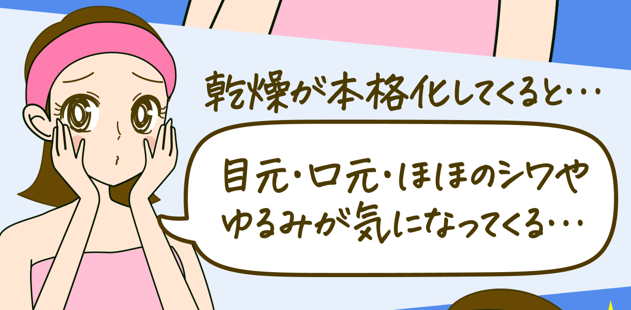 乾燥が本格化してくると…目元・口元・ほほのシワやゆるみが気になってくる…