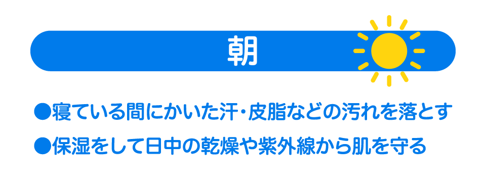 【朝】●寝ている間にかいた汗・皮脂などの汚れを落とす ●保湿をして日中の乾燥や紫外線から肌を守る