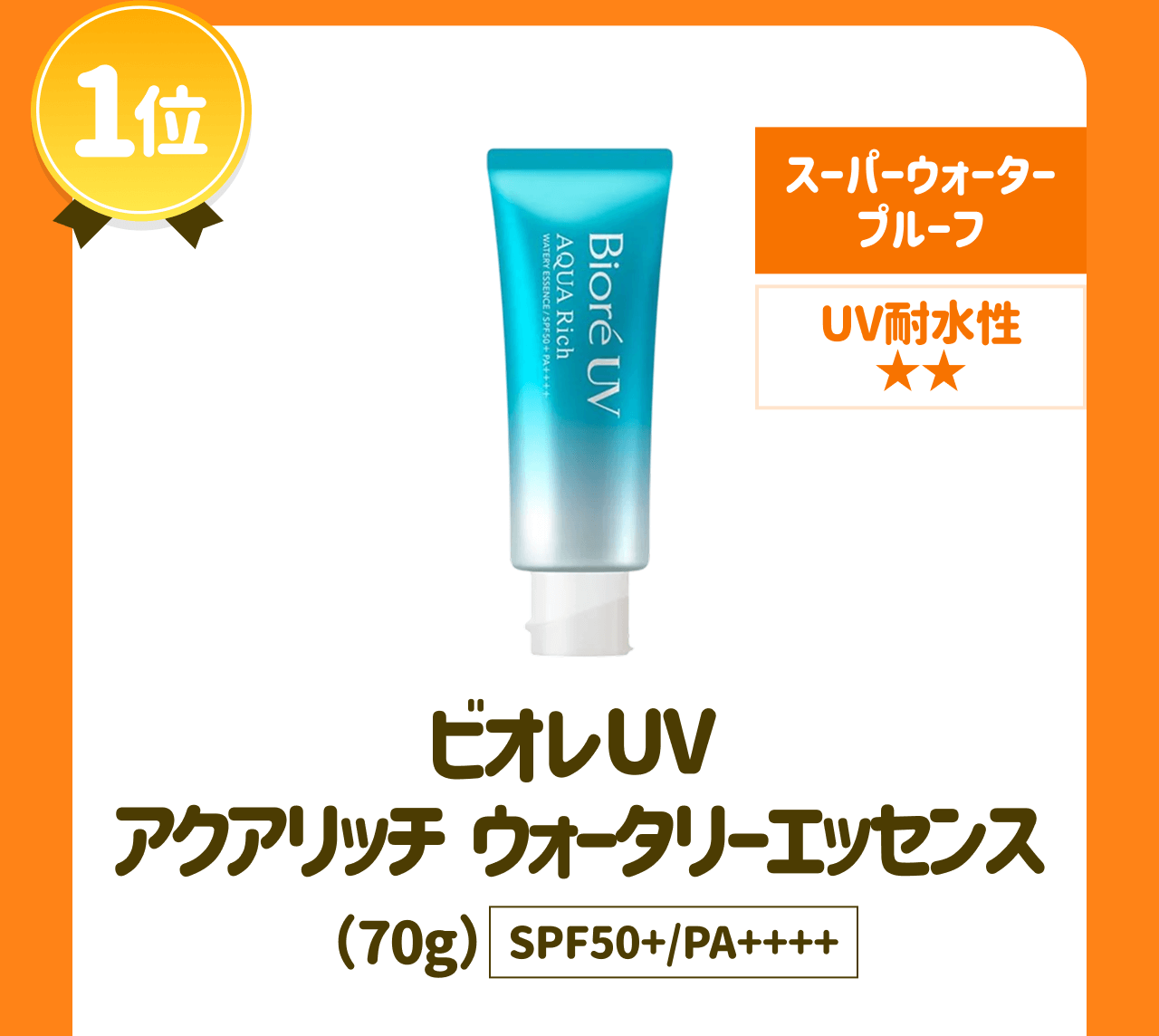 【1位】スーパーウォータープルーフ UV耐水性★★ ビオレUV アクアリッチ ウォータリーエッセンス(70g) SPF50+/PA++++