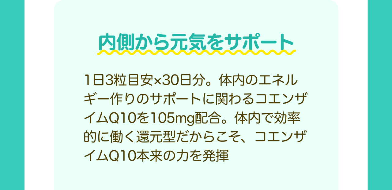 内側から元気をサポート 1日3粒目安×30日分。体内のエネルギー作りのサポートに関わるコエンザイムQ10を105mg配合。体内で効率的に働く還元型だからこそ、コエンザイムQ10本来の力を発揮