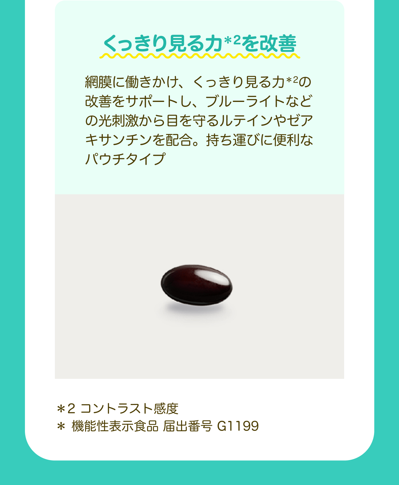 くっきり見る力*2を改善 網膜に働きかけ、くっきり見る力*2の改善をサポートし、ブルーライトなどの光刺激から目を守るルテインやゼアキサンチンを配合。持ち運びに便利なパウチタイプ *2 コントラスト感度 * 機能性表示食品 届出番号 G1199