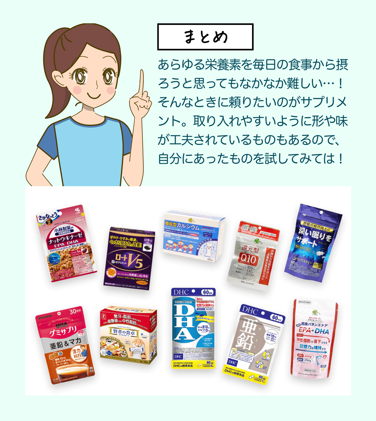 【まとめ】あらゆる栄養素を毎日の食事から摂ろうと思ってもなかなか難しい･･･！そんなときに頼りたいのがサプリメント。取り入れやすいように形や味が工夫されているものもあるので、自分にあったものを試してみては！