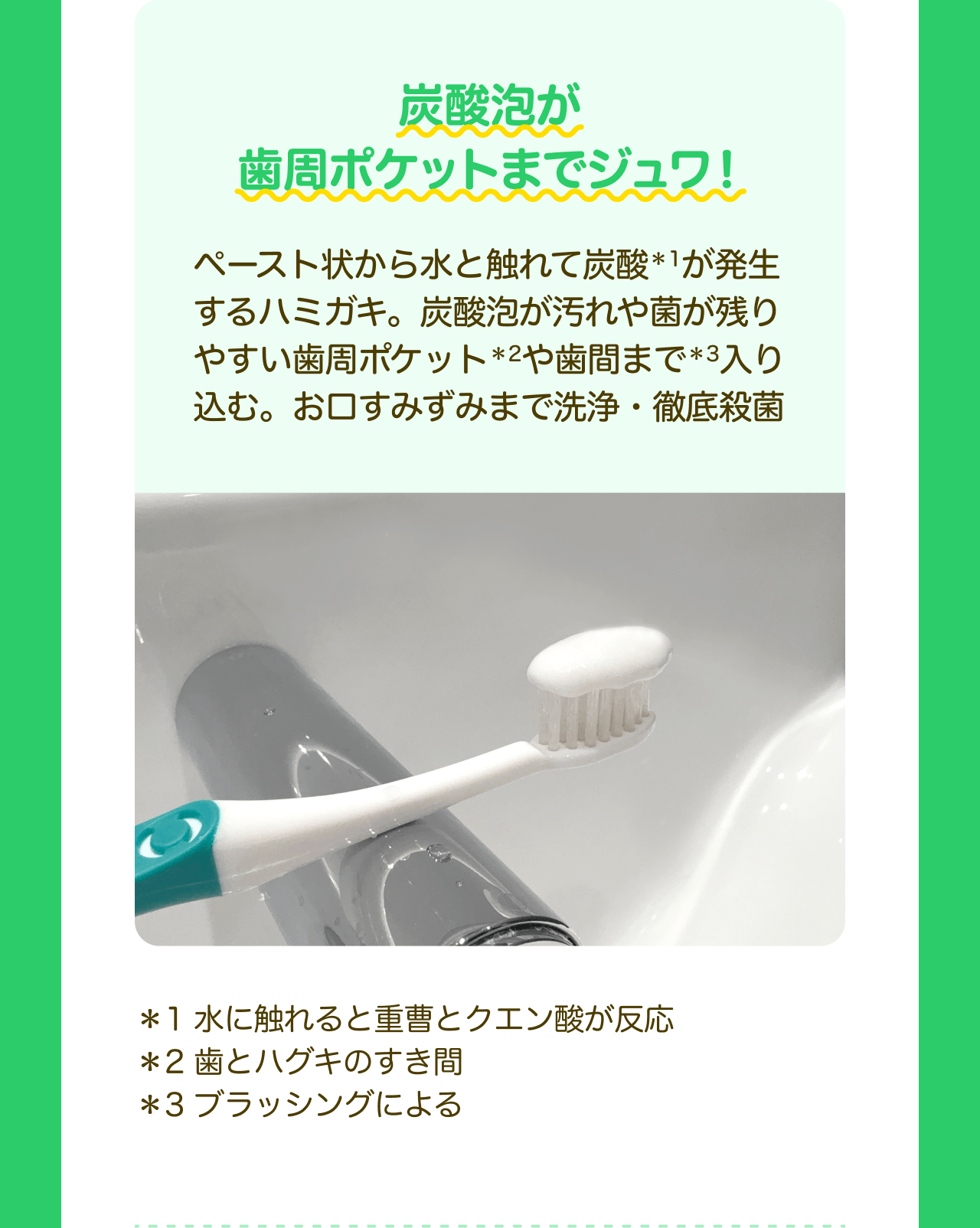 炭酸泡が歯周ポケットまでジュワ！ ペースト状から水と触れて炭酸*1が発生するハミガキ。炭酸泡が汚れや菌が残りやすい歯周ポケット*2や歯間まで*3入り込む。お口すみずみまで洗浄・徹底殺菌 *1 水に触れると重曹とクエン酸が反応 *2 歯とハグキのすき間 *3 ブラッシングによる