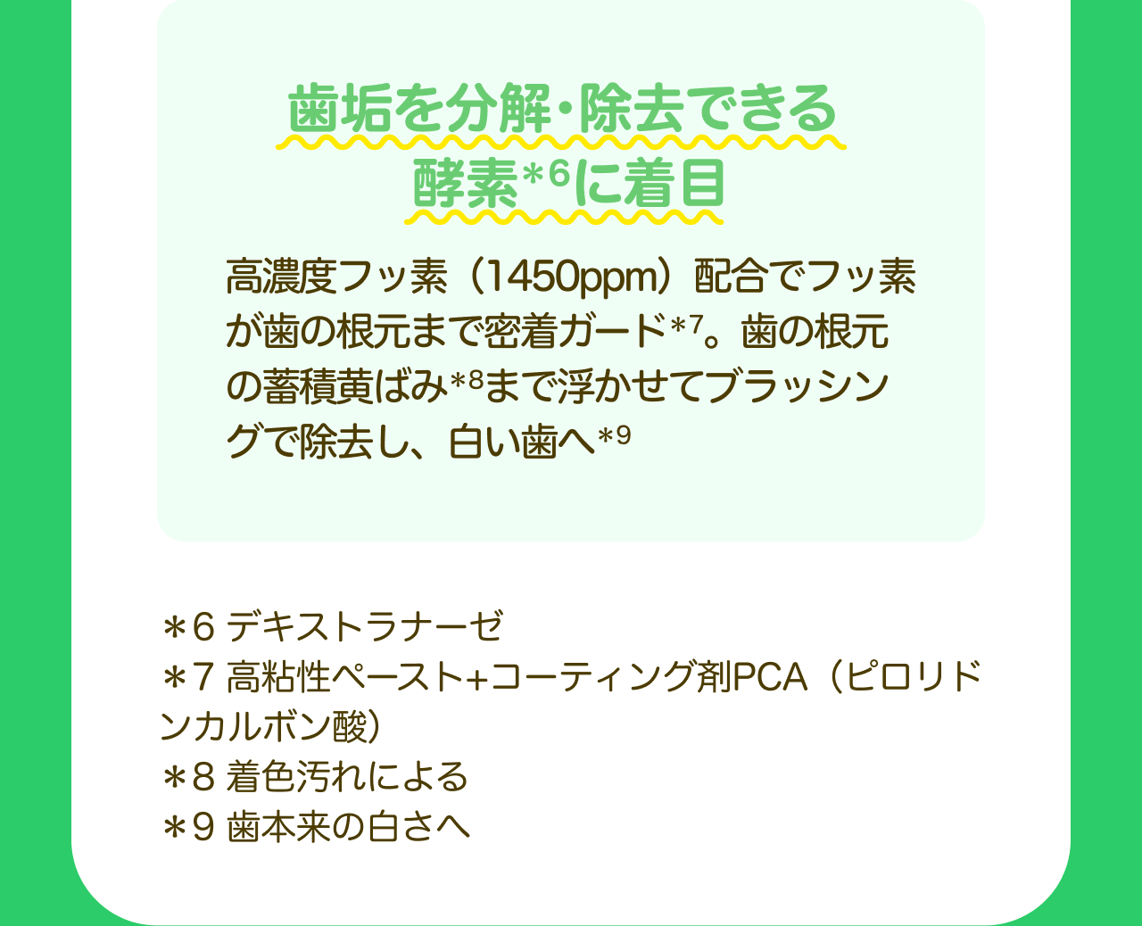 歯垢を分解・除去できる酵素*6に着目 高濃度フッ素（1450ppm）配合でフッ素が歯の根元まで密着ガード*7。歯の根元の蓄積黄ばみ*8まで浮かせてブラッシングで除去し、白い歯へ*9 *6 デキストラナーゼ *7 高粘性ペースト＋コーティング剤PCA（ピロリドンカルボン酸） *8 着色汚れによる *9 歯本来の白さへ